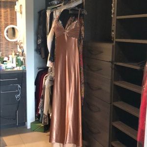 Bronze satin prom dress with pleated train